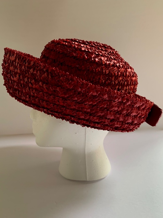 Vintage 1950s Red Breton Straw Hat Union Made Wide Brim Derby Medium